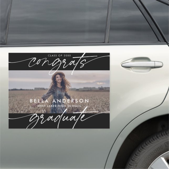 Modern Congrats Graduate Script Photo | Black  Car Magnet (In Situ)