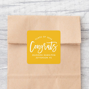 Modern Congrats Script Yellow Graduation Square Sticker