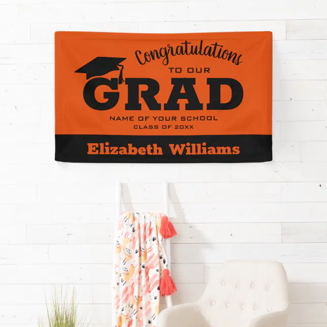 Modern Congratulations Grad Black on Orange Banner | Zazzle