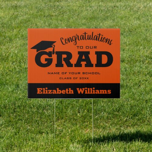 Modern Congratulations Grad Black on Orange Yard Sign