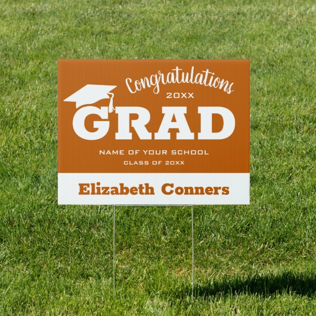 Modern Congratulations Grad Burnt Orange on White Sign (Insitu)