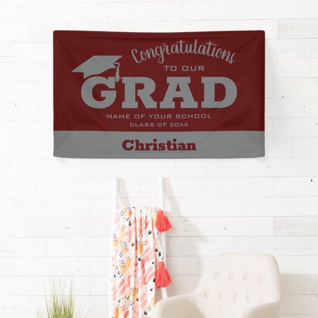Modern Congratulations Grad Dark Maroon and Gray Banner (Insitu)