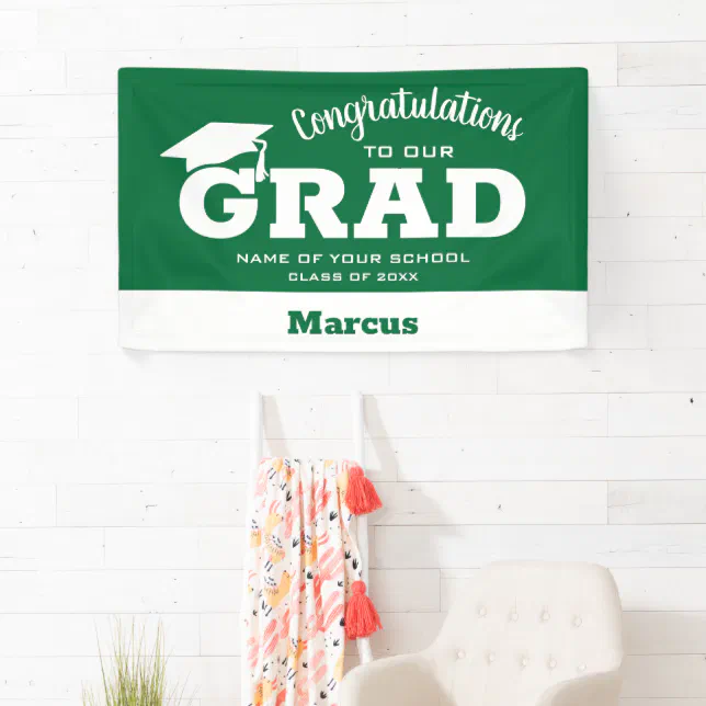 Modern Congratulations Grad White on Green Banner | Zazzle