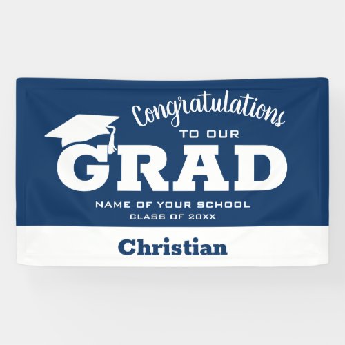 Modern Congratulations Grad White on Navy Blue Banner