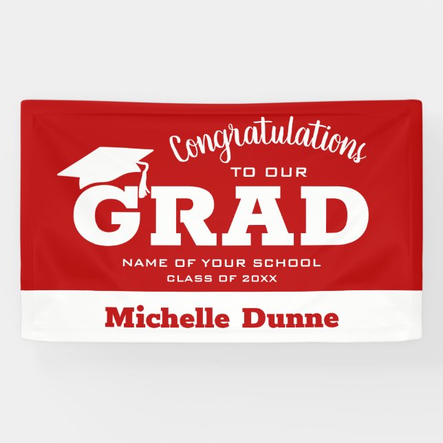 Modern Congratulations Grad White on Scarlet Red Banner (Horizontal)