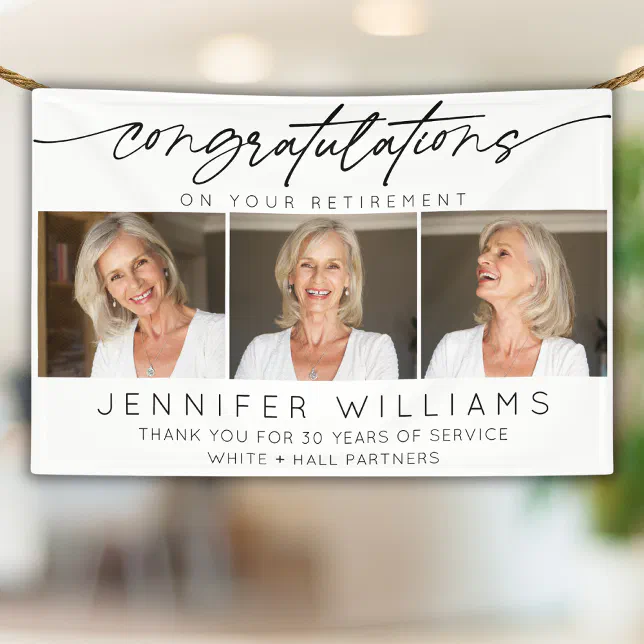 Modern Congratulations Retirement Script 3 Photo Banner | Zazzle