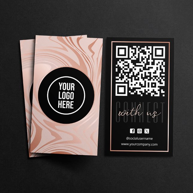 Modern Connect With Us QR Code Rose Gold Black Business Card (Creator Uploaded)