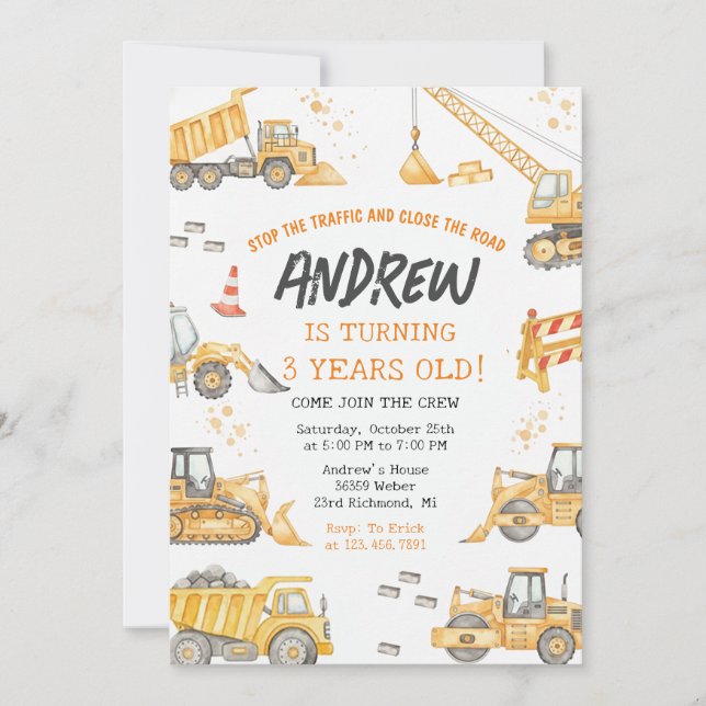 Modern Construction Birthday Party Invitation (Front)