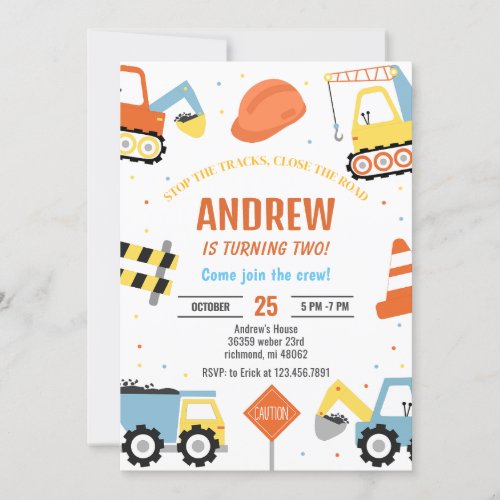 Modern Construction Birthday party Invitation boy