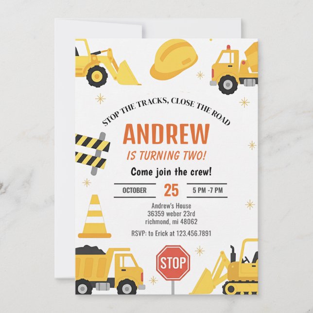 Modern Construction Birthday party Invitation boy (Front)