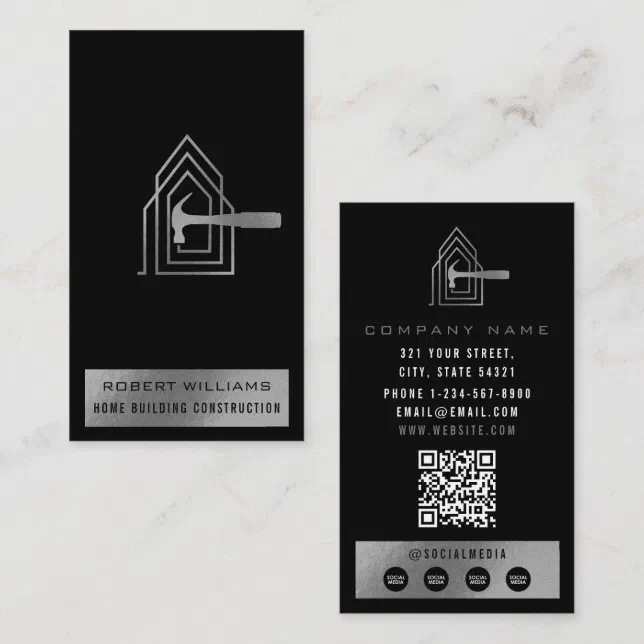 Modern Construction Black Silver Home Building Lux Business Card | Zazzle