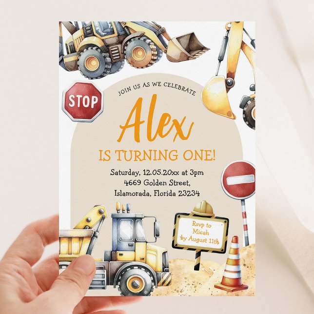Modern Construction Boy First Birthday Invitation (Creator Uploaded)