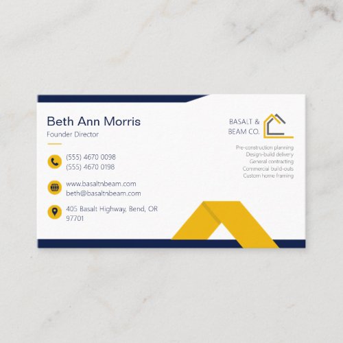 Modern Construction Contractor Navy Yellow Business Card