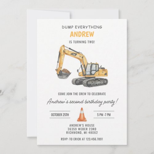 Modern Construction Digger Birthday Invitation