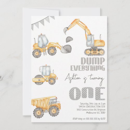 Modern Construction Dump Truck 1st Birthday Invitation