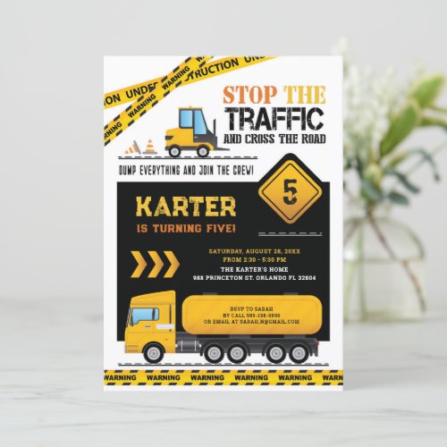 Modern Construction Dump Truck Birthday Party Invitation