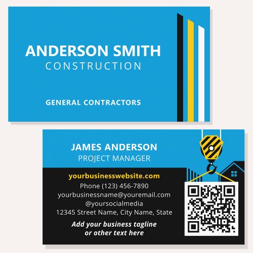 Modern Construction QR Code Blue Black Custom Business Card