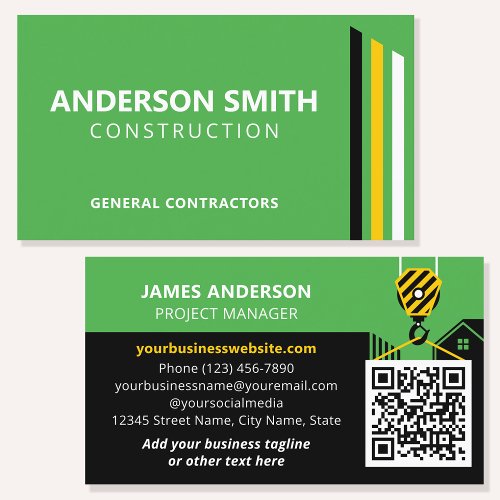 Modern Construction QR Code Green Black Custom Business Card