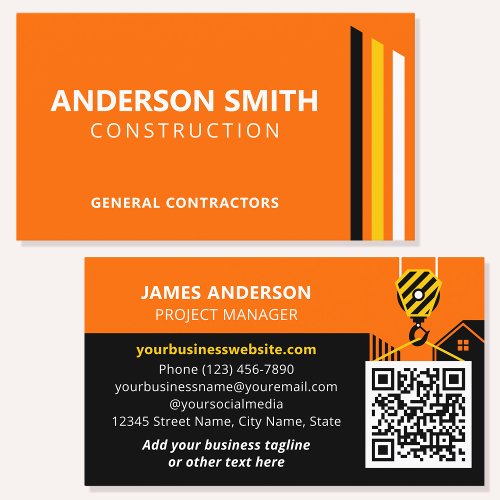 Modern Construction QR Code Orange Black Custom Business Card