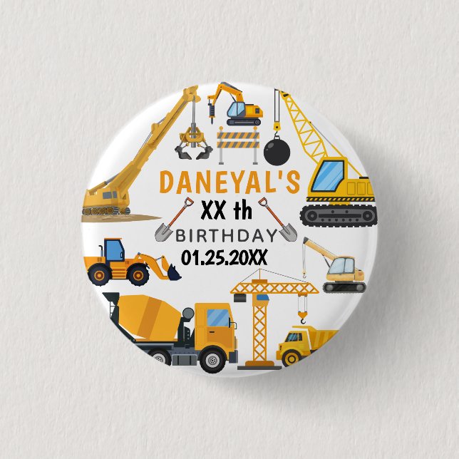 Modern Construction Simple Kid's Birthday Button (Front)