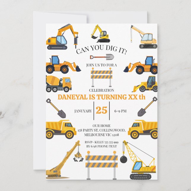 Modern Construction Simple Kid's Birthday Invitation (Front)