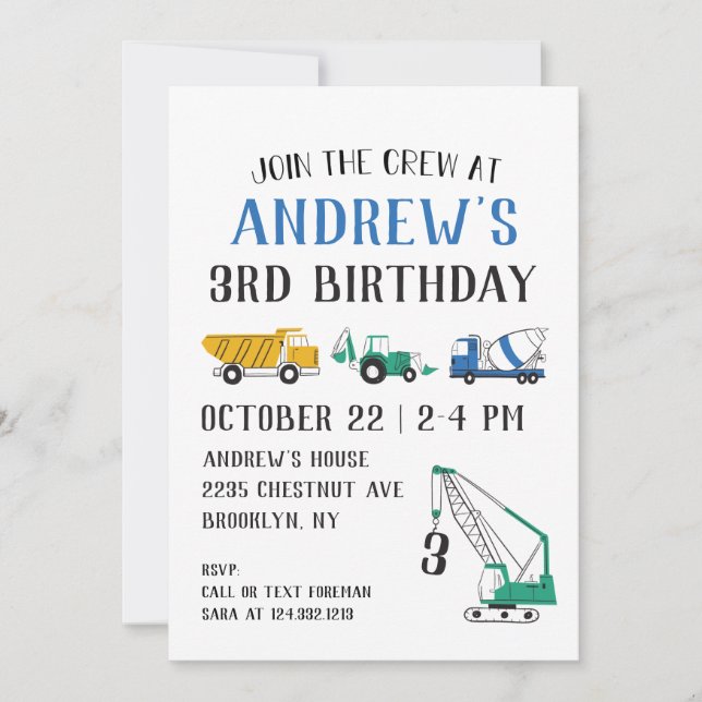 Modern Construction Site Birthday Invitation (Front)