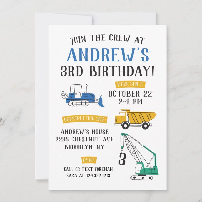 Modern Construction Site Birthday Invitation (Front)