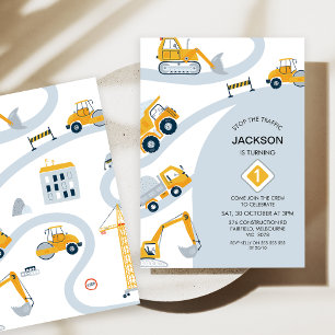 Modern Construction Stop The Traffic 1st Birthday  Invitation