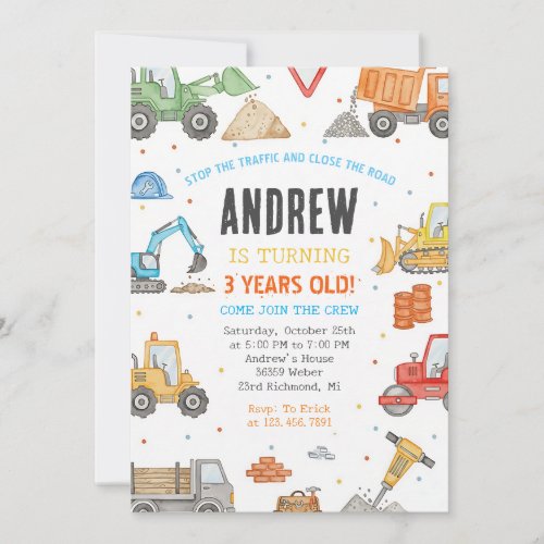 Modern Construction Truck Birthday Invitation