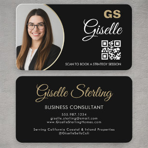 Modern Consultant Black & Gold QR Code Business Card