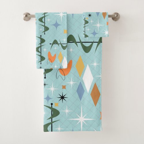 Modern contemporary 50s abstract starbursts blue bath towel set