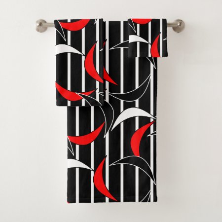 Modern Contemporary Abstract Black Red Pattern Bath Towel Set