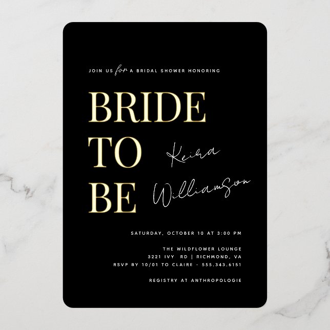 Modern Contemporary Black and Gold Bridal Shower Foil Invitation (Front)