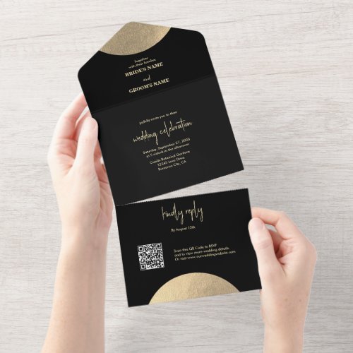 Modern Contemporary Black  Gold Abstract Wedding All In One Invitation