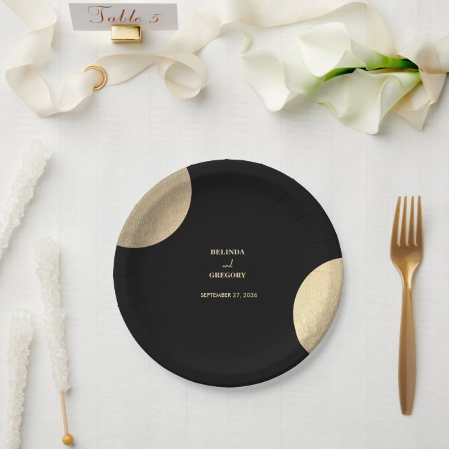 Modern Contemporary Black & Gold Abstract Wedding Paper Plates (Wedding)