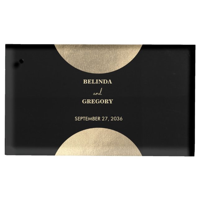 Modern Contemporary Black & Gold Abstract Wedding Place Card Holder (Front)