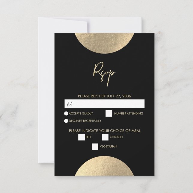 Modern Contemporary Black & Gold Abstract Wedding RSVP Card (Front)