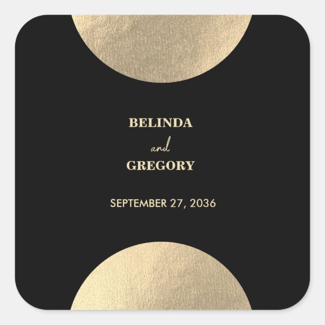 Modern Contemporary Black & Gold Abstract Wedding Square Sticker (Front)