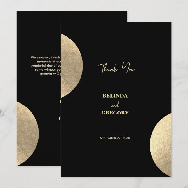 Modern Contemporary Black & Gold Abstract Wedding Thank You Card (Front/Back)