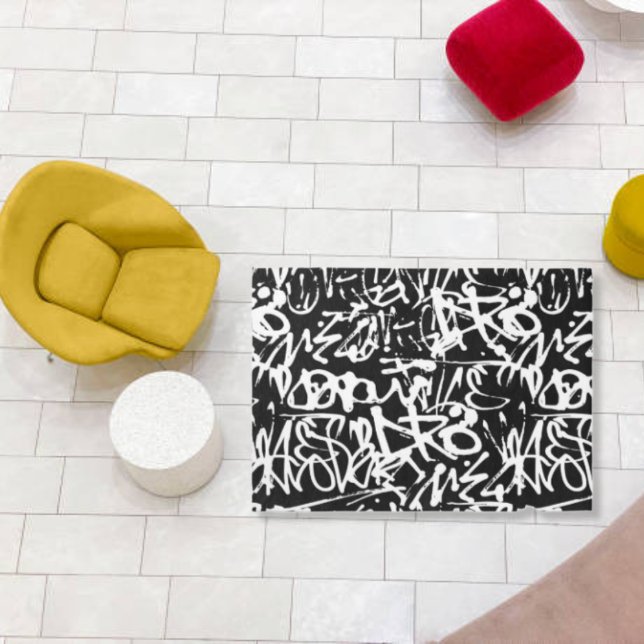 Modern Contemporary Black  White Abstract Graffiti Rug (Creator Uploaded)
