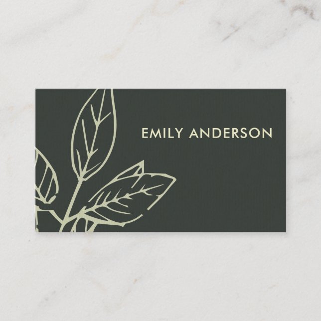MODERN CONTEMPORARY BLACK WHITE GREEN LEAVES BUSINESS CARD (Front)