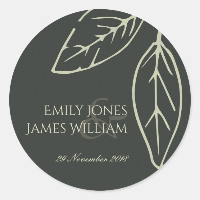 MODERN CONTEMPORARY BLACK & WHITE LEAVES WEDDING CLASSIC ROUND STICKER (Front)