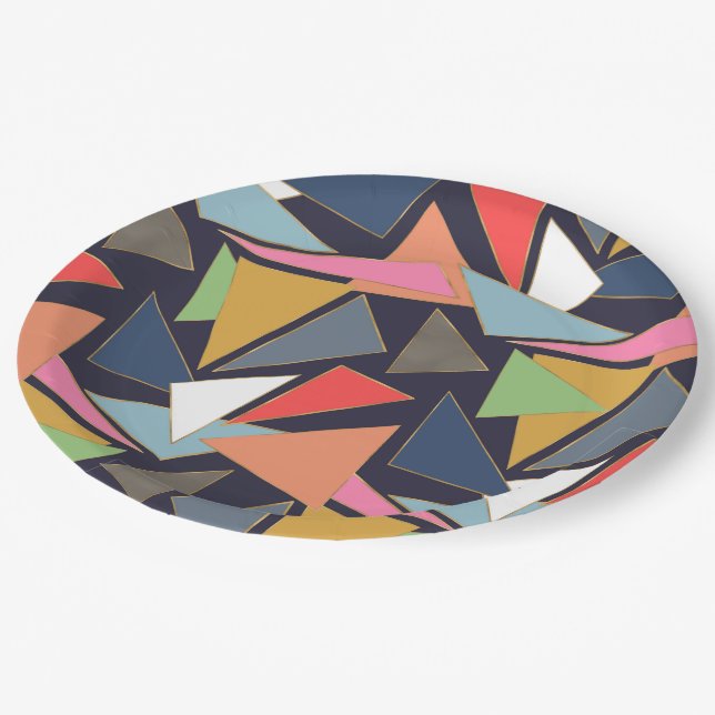 Modern Contemporary Gold Strokes Colorful Triangle Paper Plates (Angled)