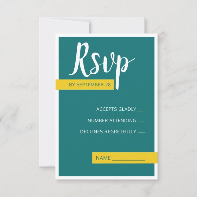 Modern Contemporary green & yellow wedding minimal RSVP Card (Front)