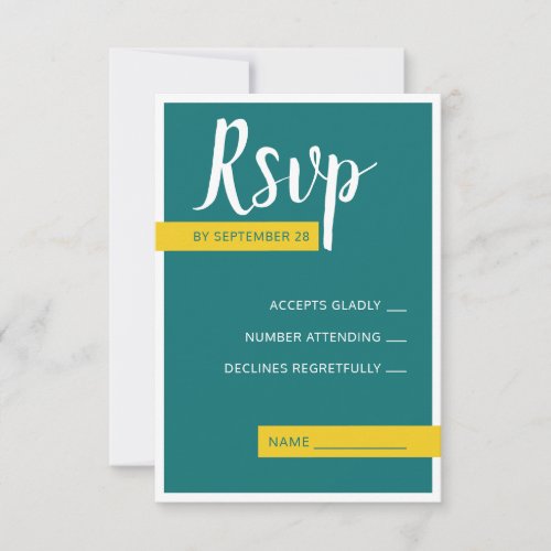 Modern Contemporary green  yellow wedding minimal RSVP Card