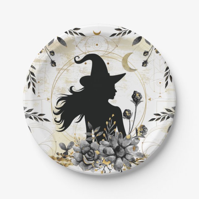 Modern contemporary Halloween witch 3 Paper Plates (Front)