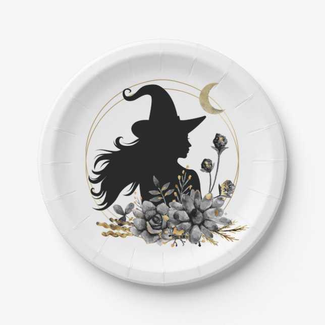 Modern contemporary Halloween witch Paper Plates (Front)