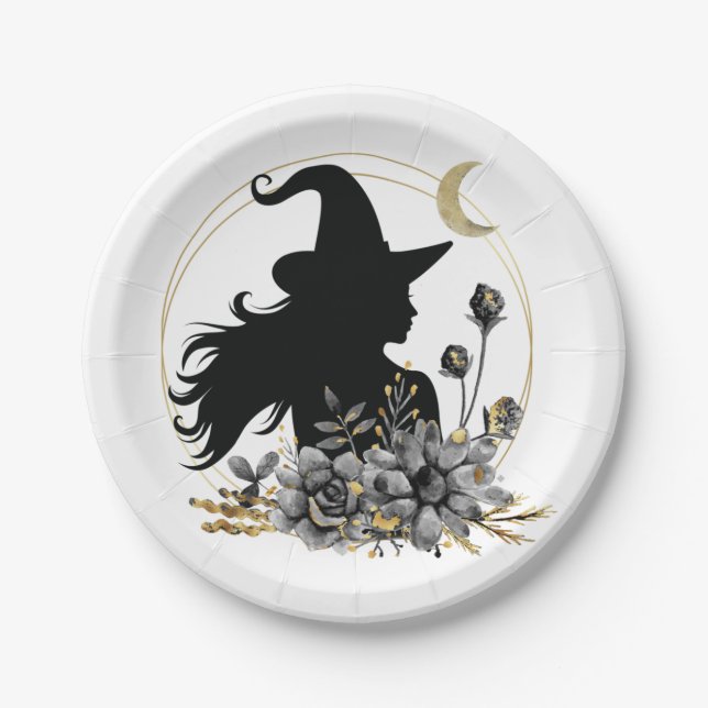 Modern contemporary Halloween witch Paper Plates (Front)