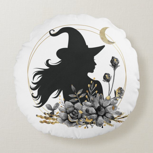 Modern contemporary Halloween witch Round Pillow (Front)