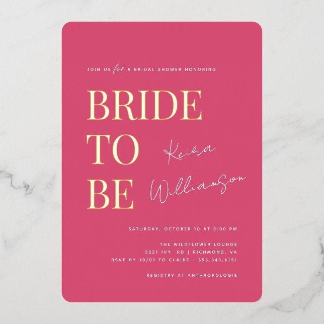 Modern Contemporary Hot Pink & Gold Bridal Shower Foil Invitation (Front)